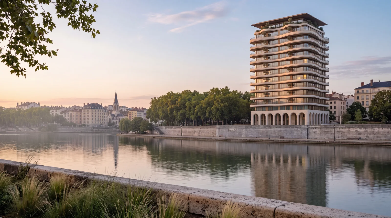 SOLEN tower across the river at sunset